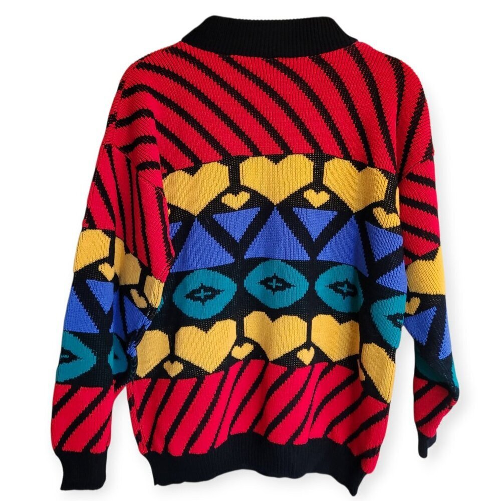 Vintage 90s Adele Knitwear Heart Geometric Statement Sweater Made USA Medium - Picture 2 of 8